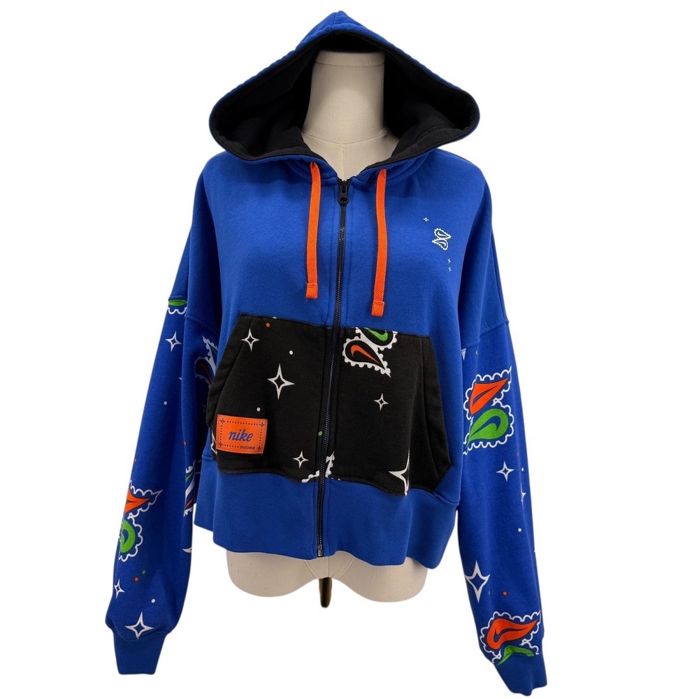Nike Sportswear Womens M Cropped Full Zip Hoodie Blue Paisley Swoosh Boxy Jacket
